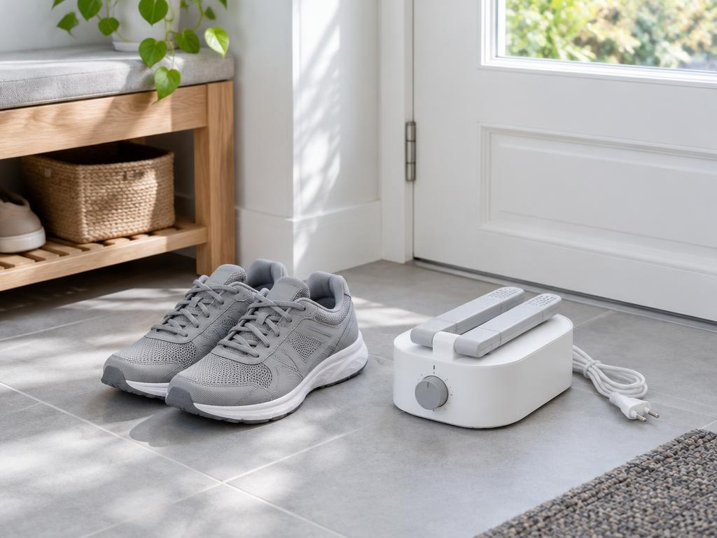 Suche buty rano obok złożonej suszarki SuchyStep