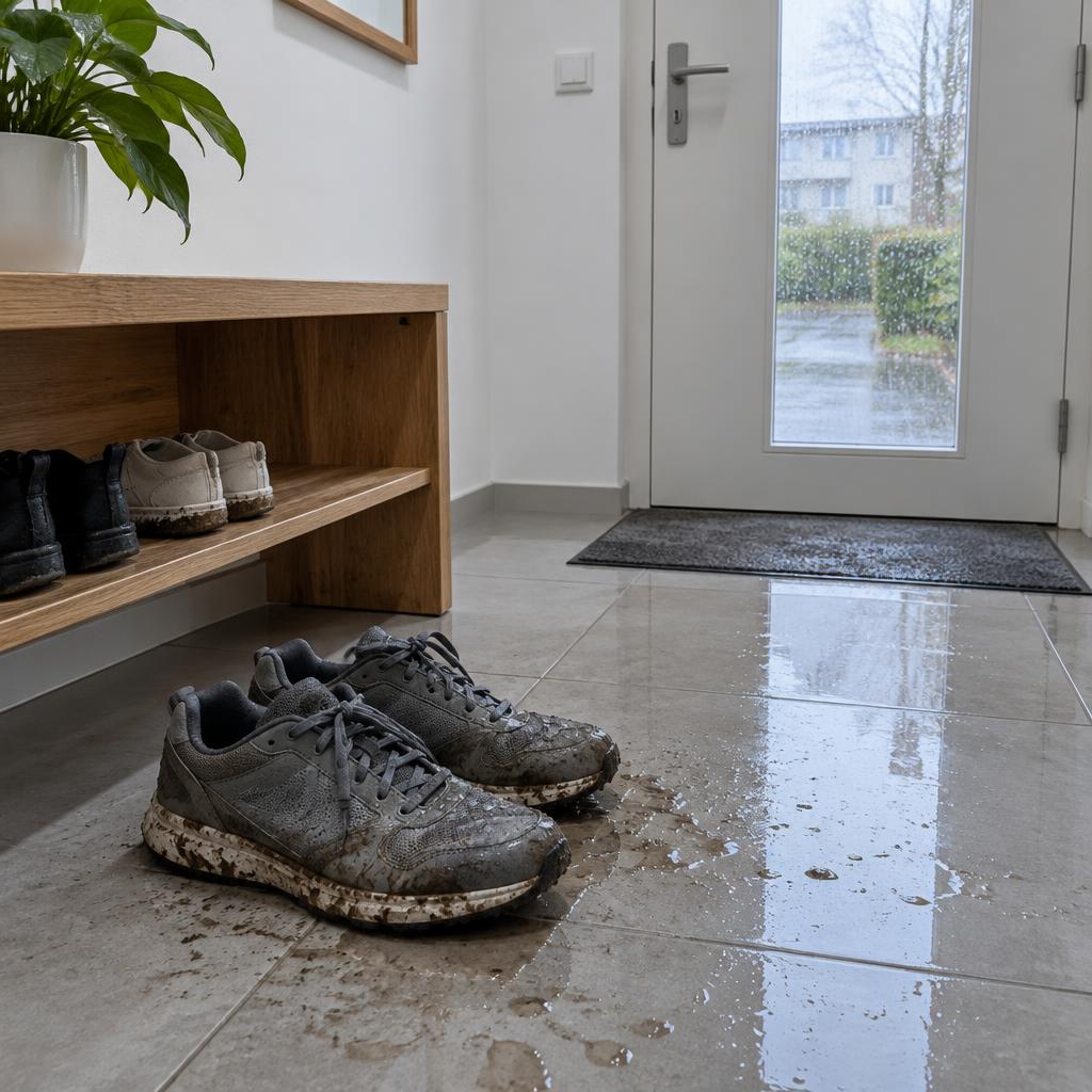 Mokre buty po deszczu w przedpokoju, bez suszarki